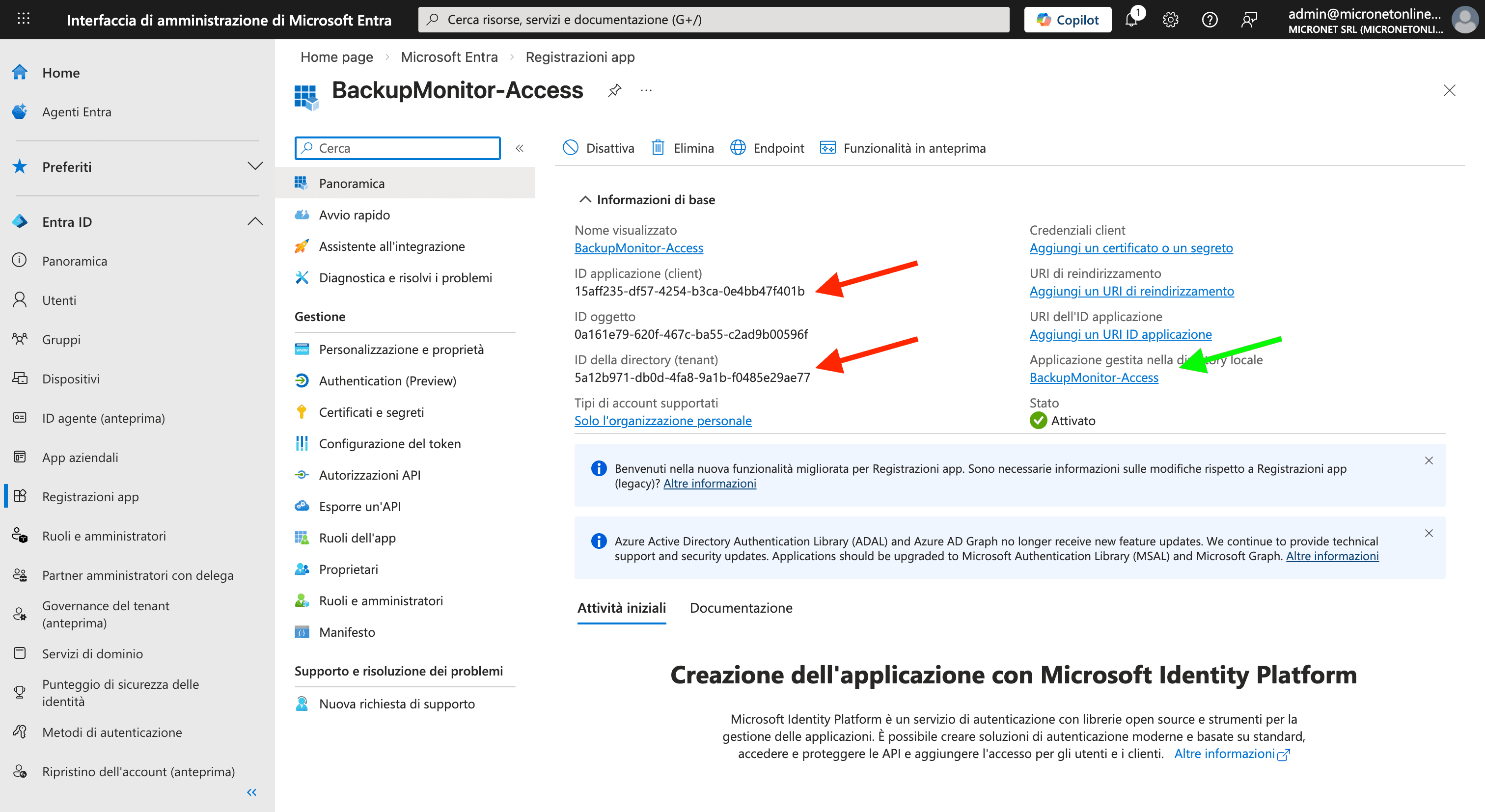 Recupero Client ID e Tenant ID