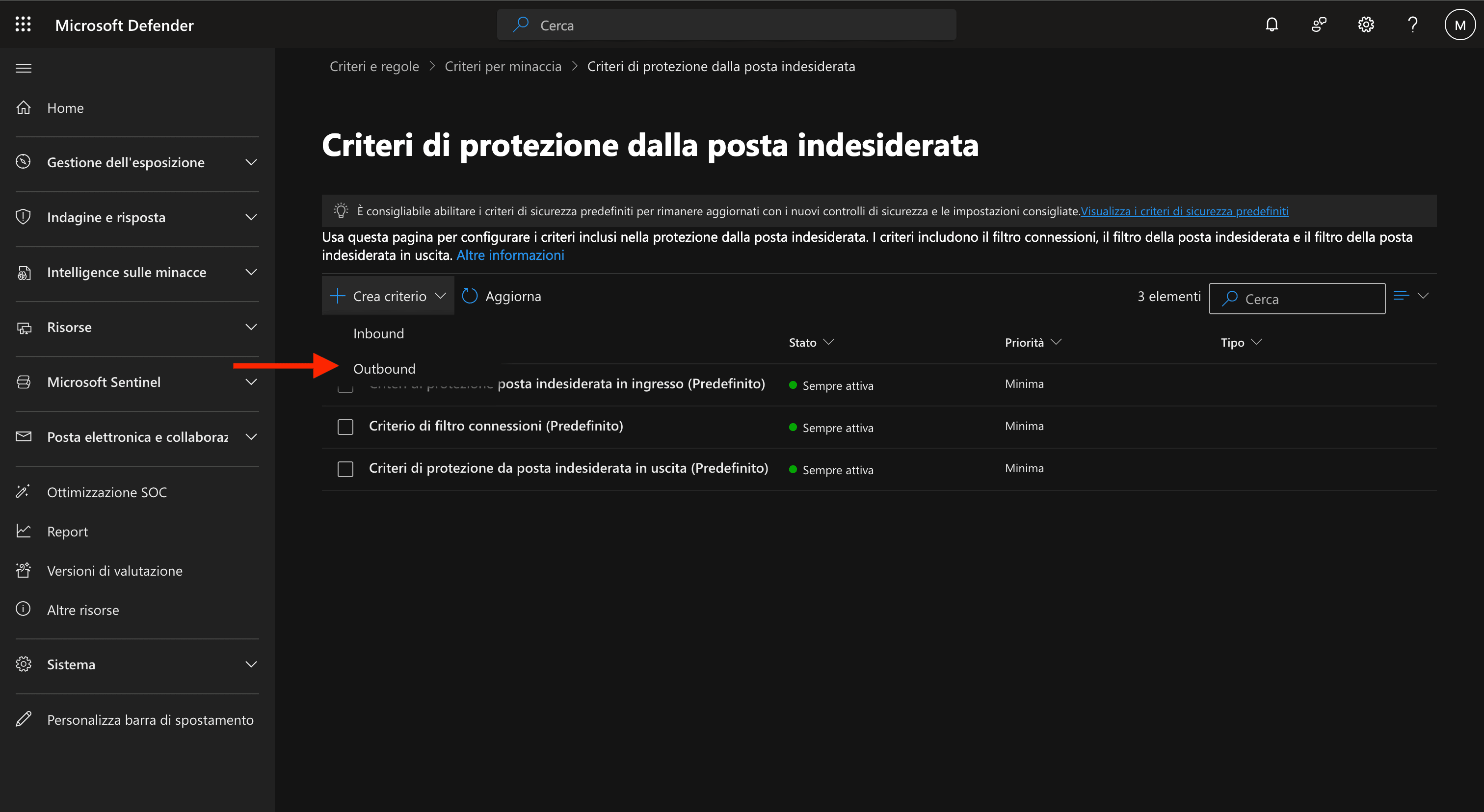 Creazione di un nuovo criterio antispam in uscita