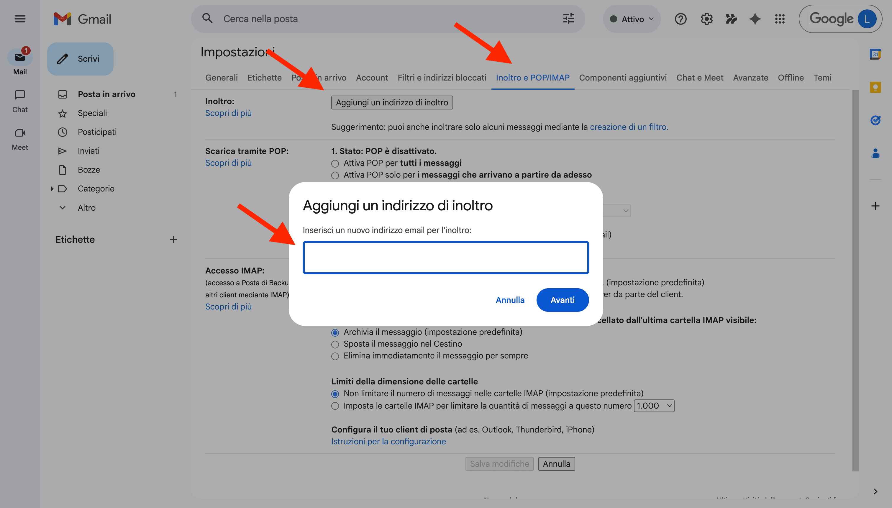 Aggiunta dell'indirizzo di inoltro in Google Workspace / Gmail