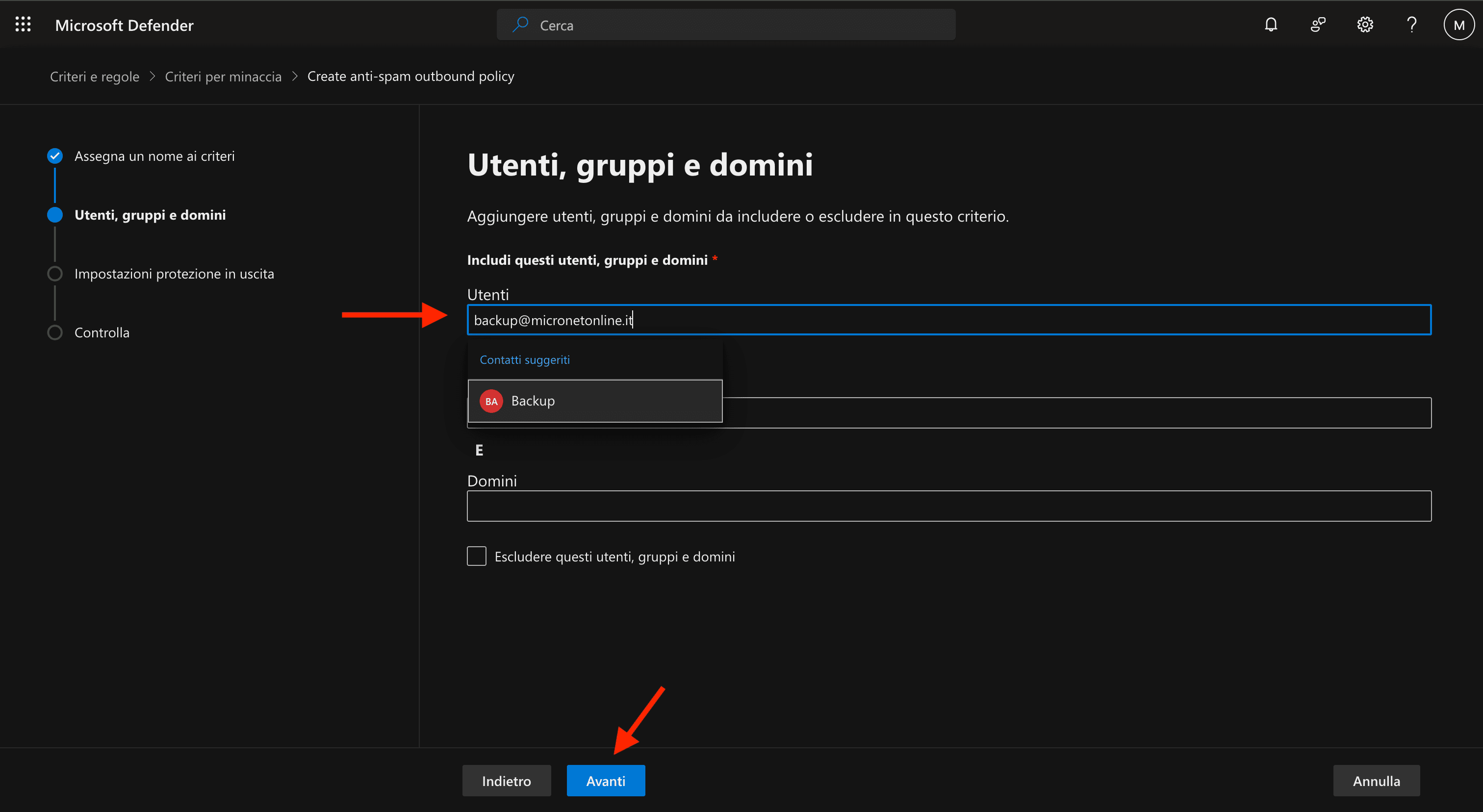 Selezione degli utenti a cui applicare la policy