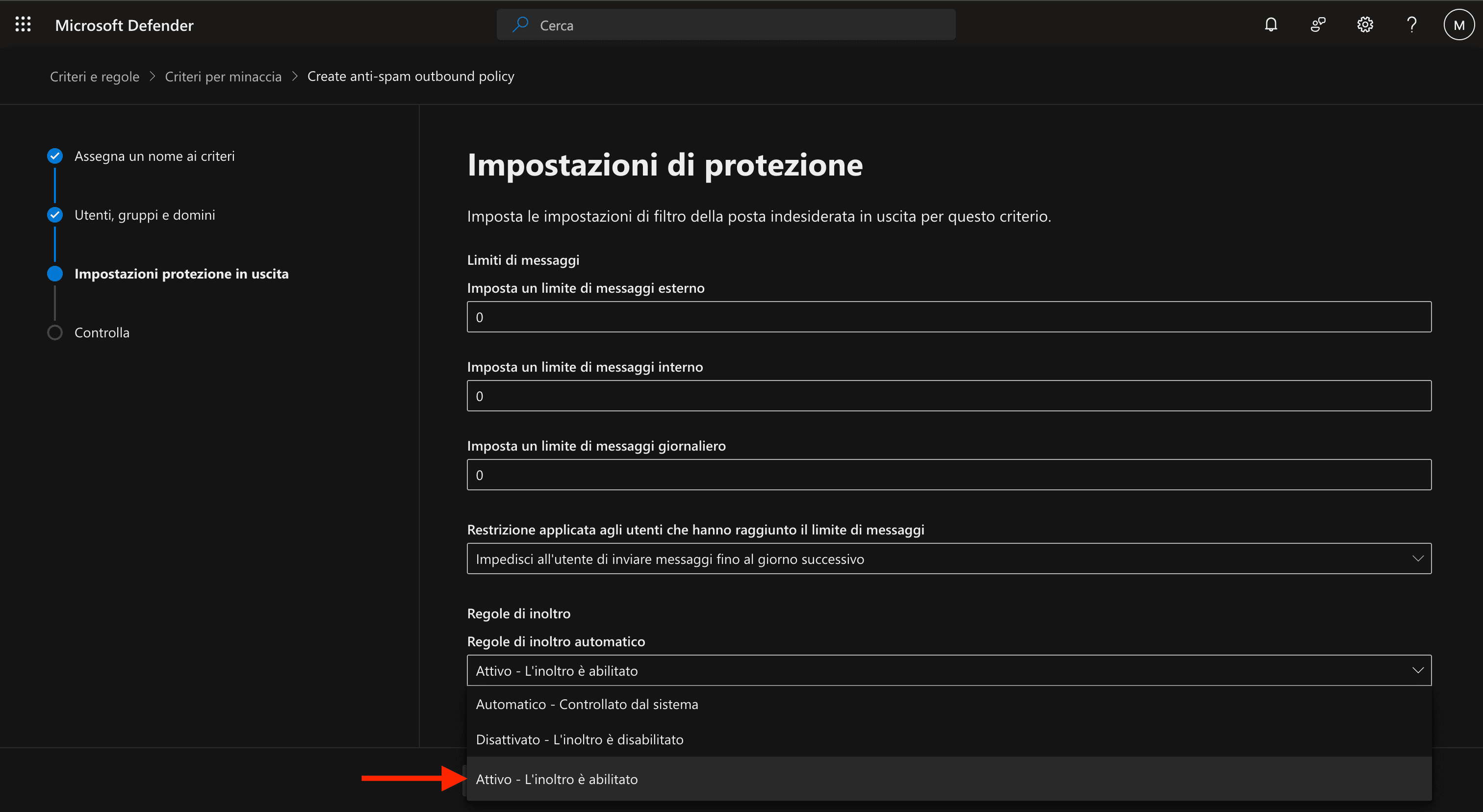 Abilitazione dell'inoltro automatico nel criterio antispam