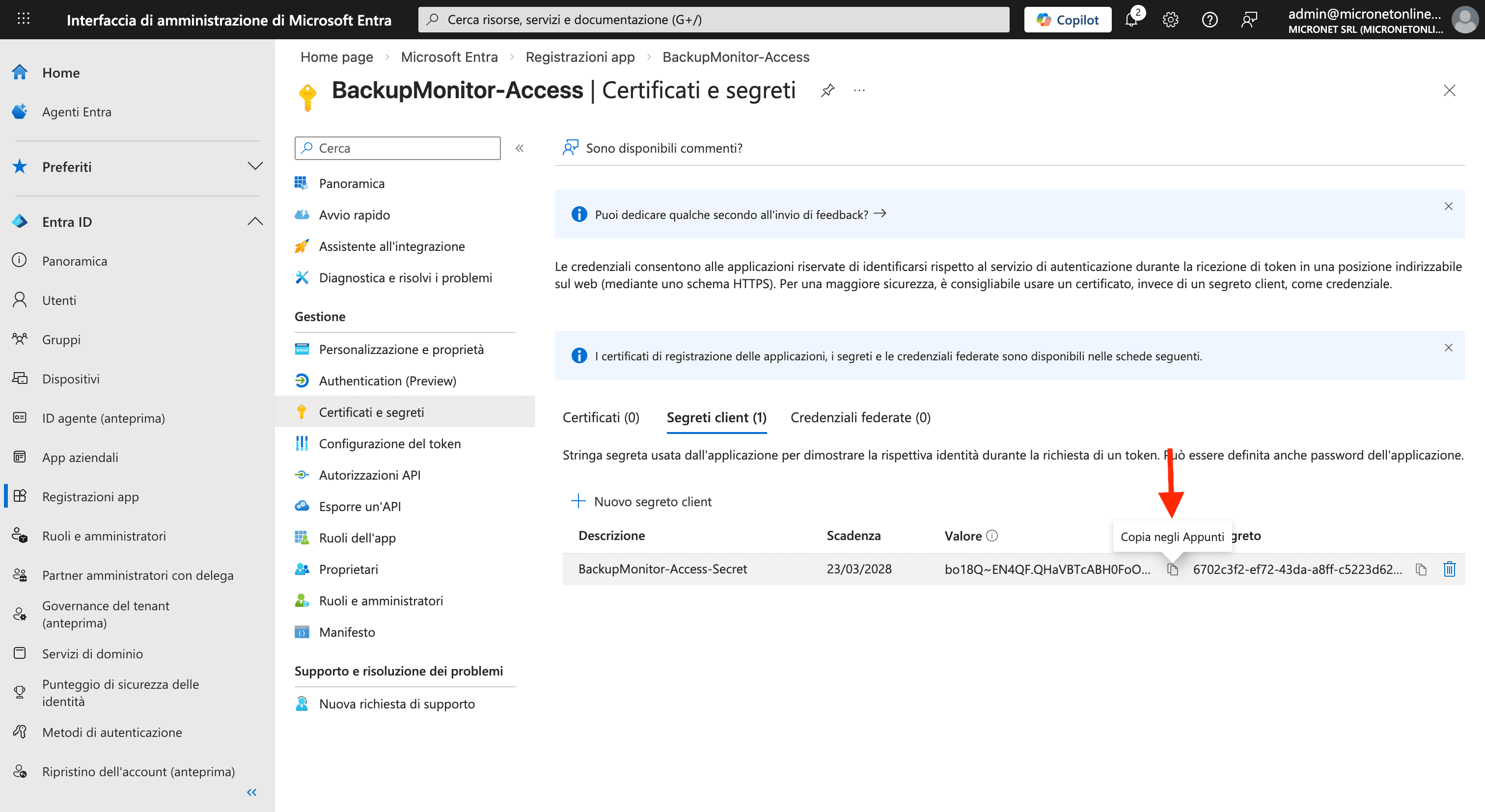 Salvataggio Client Secret